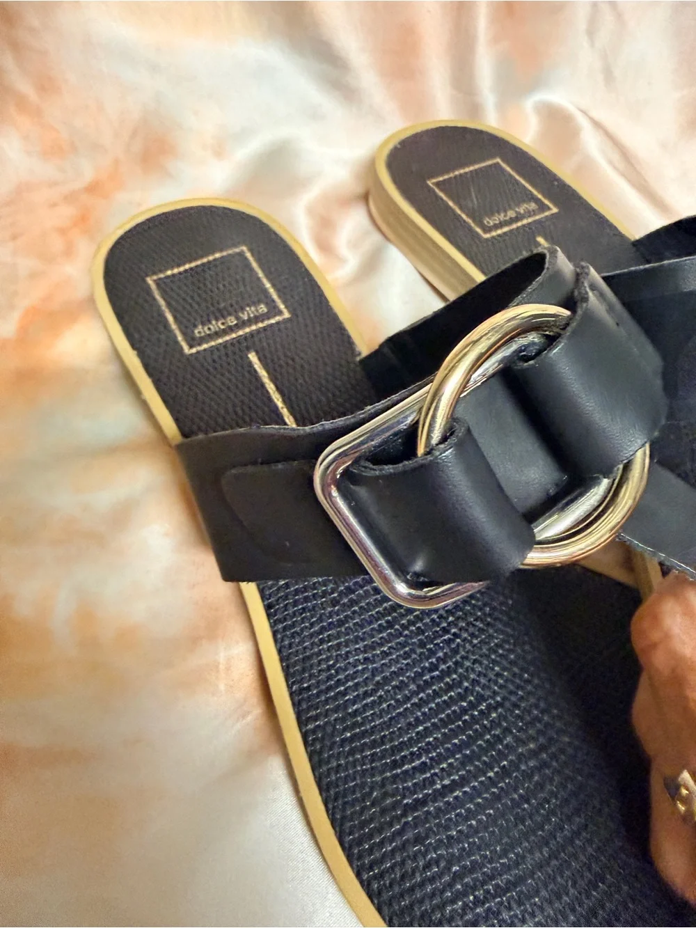Dolce Vita Black Thong Sandals with Gold Buckle